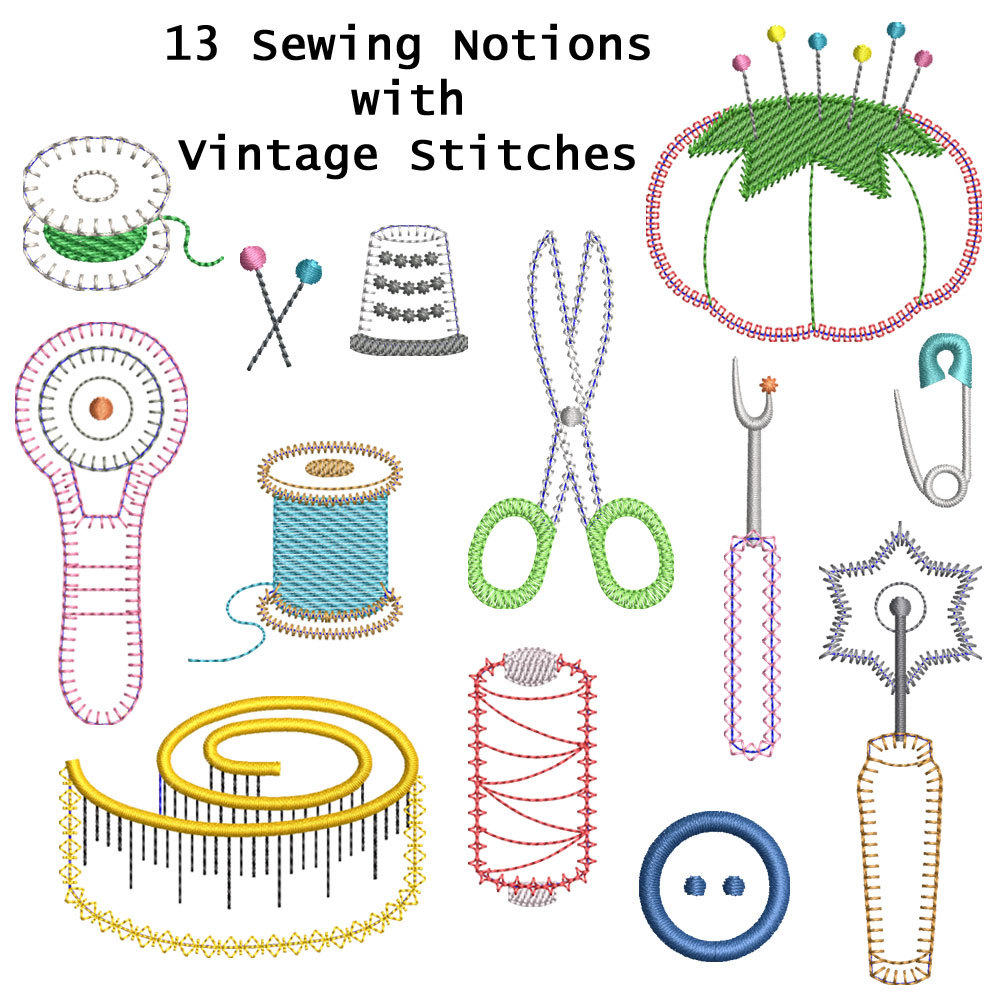 Sewing Notions with Vintage Stitches Applique Set - 4x4 - Products - SWAK  Embroidery